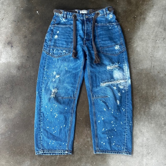 Free People Denim - Free People Moxie Jeans Women 28 Blue Distressed Paint Splatter Rope Belt Barrel